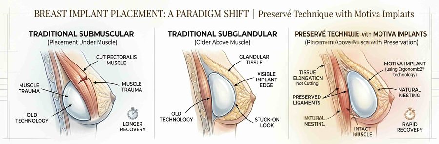 Diagram comparing traditional submuscular and subglandular breast implant placement to the Preserv&eacute; technique with Motiva implants
